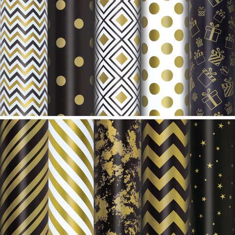 Бумага упаковочная подарочная мелованная "Golden pattern", 70x100 см, 10 дизайнов ассорти, ЗОЛОТАЯ СКАЗКА, 591912 591912 - фото 304956
