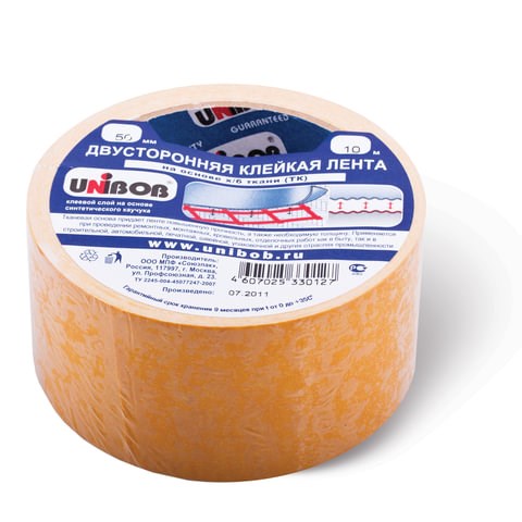Клейкая двухсторонняя лента 50 мм х 10 м, ТКАНЕВАЯ ОСНОВА, UNIBOB 600854 - фото 305265