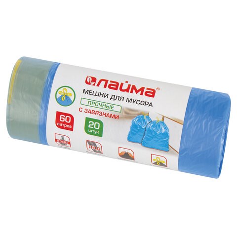 Мешки для мусора с завязками 60 л, синие, в рулоне 20 шт., прочные, ПНД 12 мкм, 55х62 см, LAIMA, 601397 601397 - фото 305348