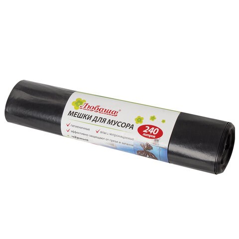 Мешки для мусора 240 л, черные, в рулоне 5 шт., ПВД 30 мкм, 90х130 см, ЛЮБАША эконом, 605338 605338 - фото 306128
