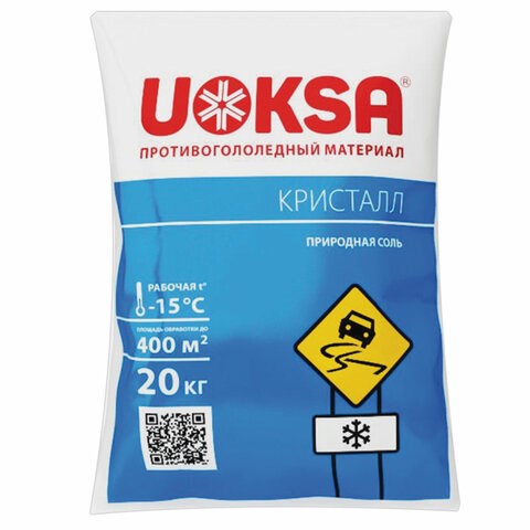 Реагент противогололёдный 20 кг UOKSA Кристалл, до -15°C, природная соль, мешок 607415 - фото 306639