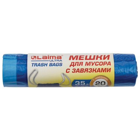Мешки для мусора с завязками LAIMA ULTRA 35 л, синие, рулон 20 шт., особо прочные, ПВД 20 мкм, 50х60 см, 607689 607689 - фото 306735