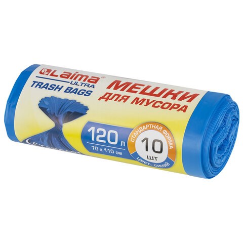 Мешки для мусора LAIMA ULTRA 120 л синие, рулон 10 шт. особо прочные, ПНД 23 мкм, 70х110 см, 607695 607695 - фото 306739