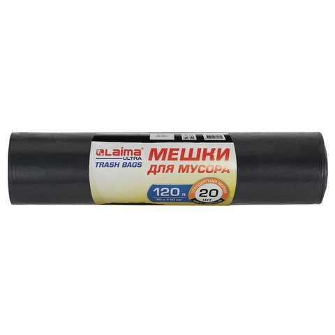Мешки для мусора LAIMA ULTRA 120 л, черные, рулон 20 шт., сверхпрочные, ПСД 60 мкм, 70х110 см, 607697 607697 - фото 306741