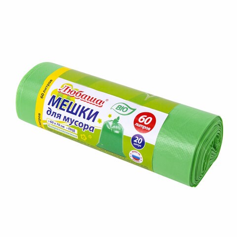 Мешки для мусора биоразлагаемые 60 л, зеленые, рулон 20 шт., ПНД 15 мкм, 60х70 см, ЛЮБАША, 608099 608099 - фото 306885