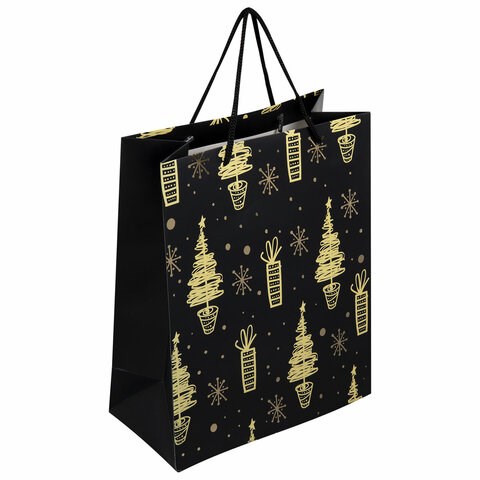 Пакет подарочный (1 штука) новогодний 26x13x32 см, ЗОЛОТАЯ СКАЗКА "Black&Gold", фольга, чёрный, 608236 608236 - фото 306976