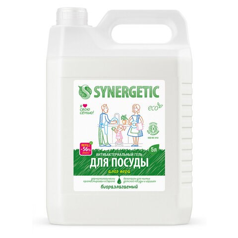 Гель для мытья посуды антибактериальный 5 л, SYNERGETIC Алоэ, канистра 608276 - фото 307005