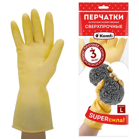 Перчатки МНОГОРАЗОВЫЕ латексные SUPER СИЛА СВЕРХПРОЧНЫЕ, бежевые, размер L (большой), вес 98 г, Komfi, ADM, 20074 609369 - фото 307614