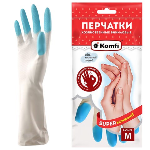 Перчатки МНОГОРАЗОВЫЕ виниловые SUPER КОМФОРТ, гипоаллергенные, размер M (средний), вес 88 г, Komfi, ADM, 25590 609370 - фото 307615
