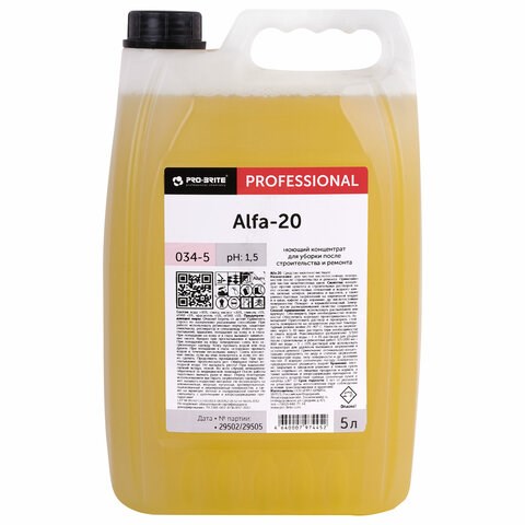 Средство для уборки после строительства моющее, 5 л, PRO-BRITE ALFA-20, кислотное, концентрат, 034-5 609528 - фото 307650