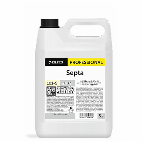 Средство моющее c дезинфицирующим эффектом, 5 л, PRO-BRITE SEPTA, концентрат, 101-5 609535 - фото 307654