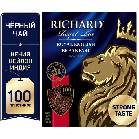 Чай RICHARD "Royal English Breakfast" черный, 100 пакетиков по 2 г, 100270 620415