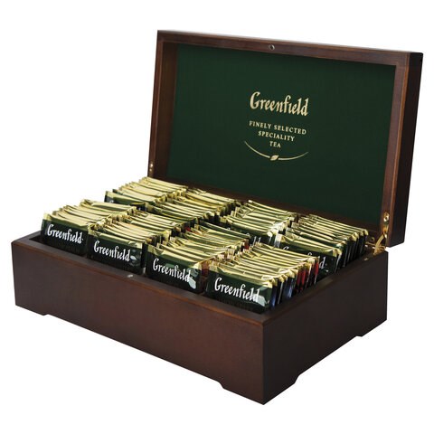Чай GREENFIELD ассорти 8 вкусов в деревянной шкатулке, НАБОР 96 пакетиков, 0463-10 620745 - фото 308068