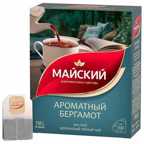 Чай МАЙСКИЙ "Ароматный бергамот" черный цейлонский байховый, 100 пакетиков по 1,5 г, 102627 624179 - фото 308360
