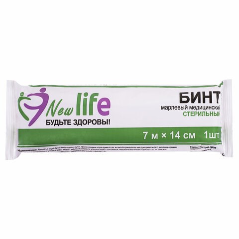Бинт марлевый стерильный NEW LIFE 7 м х 14 см, плотность 36 (±2) г/м2, индивидуальная упаковка 630544 - фото 308382