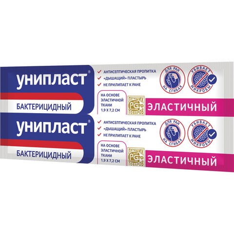 Лейкопластырь бактерицидный УНИПЛАСТ, полоска 1,9х7,2 см, нетканая основа, эластичный 630909 - фото 308417