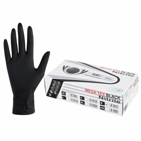 Перчатки нитриловые сверхпрочные с текстурой SFM MEGA TEX BLACK 25 пар (50 штук), размер M (средний) 631401 - фото 308546
