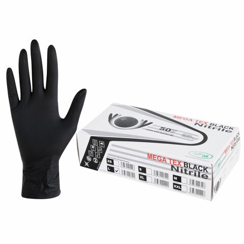Перчатки нитриловые сверхпрочные с текстурой SFM MEGA TEX BLACK 25 пар (50 штук), размер L (большой) 631402 - фото 308547