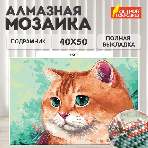 Картина стразами (алмазная мозаика), 40х50 см, ОСТРОВ СОКРОВИЩ "Кот", на подрамнике, 663873 663873 - фото 309045