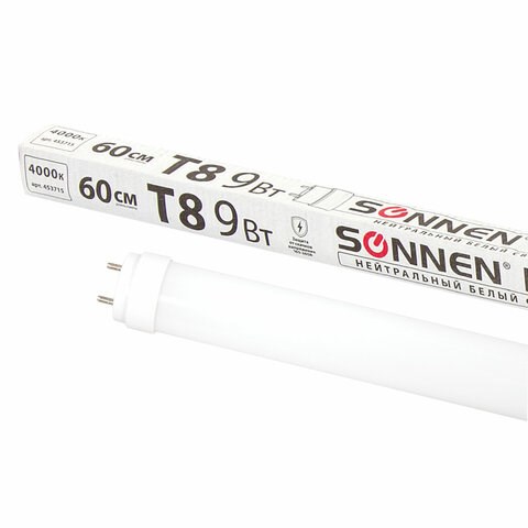 Лампа-трубка светодиодная SONNEN, 9 Вт, 30000 ч, 60 см, нейтральный белый (аналог 18 Вт люминесцентной лампы), LED T8-9W-4000-G13, 453715 453715 - фото 321947