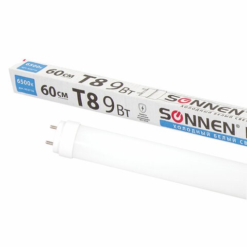 Лампа-трубка светодиодная SONNEN, 9 Вт, 30000 ч, 60 см, холодный белый (аналог 18 Вт люминесцентной лампы), LED T8-9W-6500-G13, 453716 453716 - фото 321948
