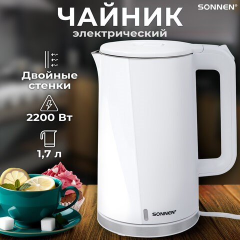 Чайник электрический с двойными стенками SONNEN KT-8718W, 1,7 л, 2200 Вт, белый, 454685 454685 - фото 321983