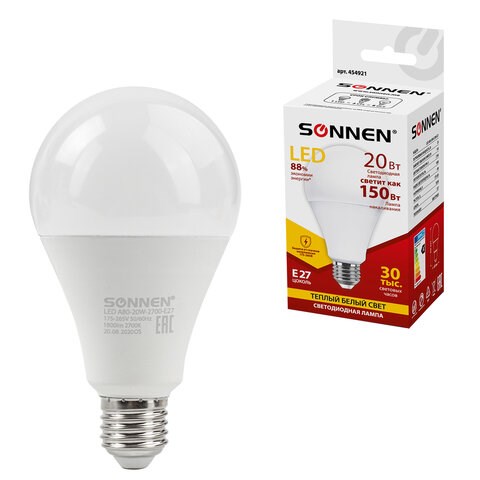 Лампа светодиодная SONNEN, 20 (150) Вт, цоколь Е27, груша, теплый белый, 30000 ч, LED A80-20W-2700-E27, 454921 454921 - фото 322010