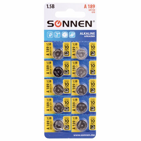 Батарейка алкалиновая таблетка 1 шт., SONNEN Alkaline, 189A (G10, LR54), блистер, отрывной блок, 455602 455602 - фото 322071