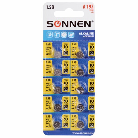 Батарейка алкалиновая таблетка 1 шт., SONNEN Alkaline, 192A (G3, LR41), блистер, отрывной блок, 455603 455603 - фото 322072