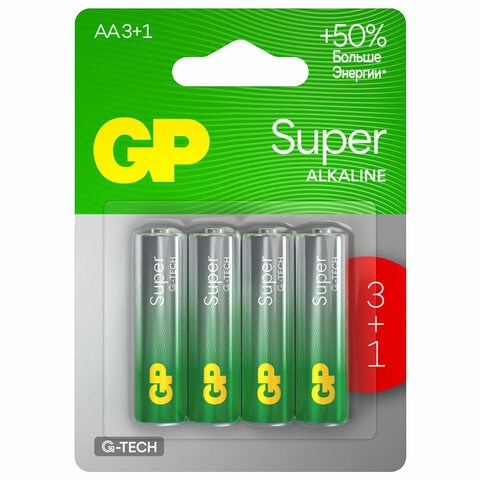 Батарейки КОМПЛЕКТ 4 шт., GP Super, AA (LR6,15А), алкалиновые, пальчиковые, ПРОМО 3+1, 15A3/1-2CR4 455920 - фото 322119