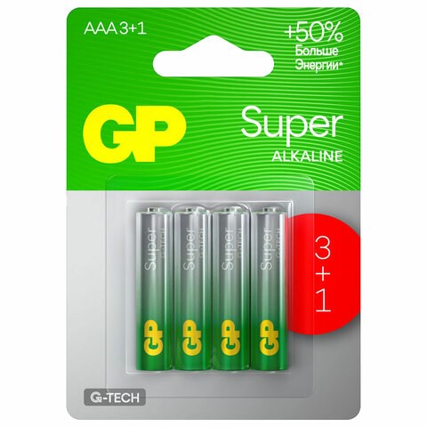 Батарейки КОМПЛЕКТ 4 шт., GP Super, AAA (LR03,24А), алкалиновые, мизинчиковые, ПРОМО 3+1, 24A3/1-2CR4 455921 - фото 322120