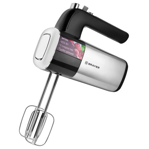 Миксер BRAYER BR1302, 800 Вт, 5 скоростей, 2 венчика, 2 крюка для теста, черный/серебро 456089 - фото 322193
