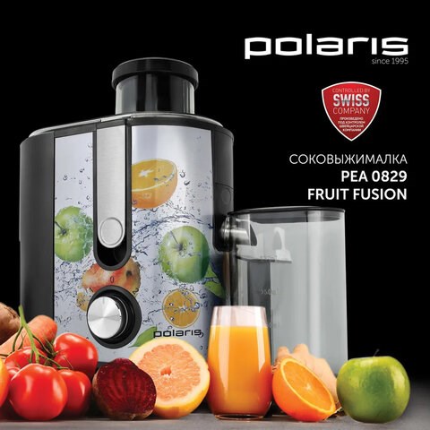 Соковыжималка POLARIS PEA 0829 Fruit Fusion, 800 Вт, стакан 0,35 л, емкость жмыха 1 л, пластик, сталь/черный, 15935 456738 - фото 322406