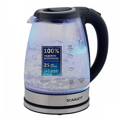 Чайник SCARLETT SC-EK27G88, 1,8 л, 1800 Вт, закрытый нагревательный элемент, стекло, черный 457207 - фото 322534