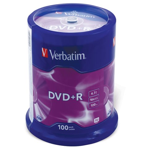 Диски DVD+R (плюс) VERBATIM 4,7 Gb 16x Cake Box (упаковка на шпиле), КОМПЛЕКТ 100 шт., 43551 510259 - фото 322780