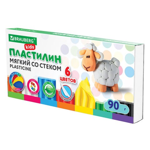 Пластилин мягкий восковой BRAUBERG KIDS, 6 цветов, 90 г, со стеком, 106493 106493 - фото 323023