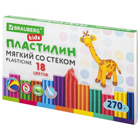 Пластилин мягкий восковой BRAUBERG KIDS, 18 цветов, 270 г, со стеком, 106497 106497 - фото 323024