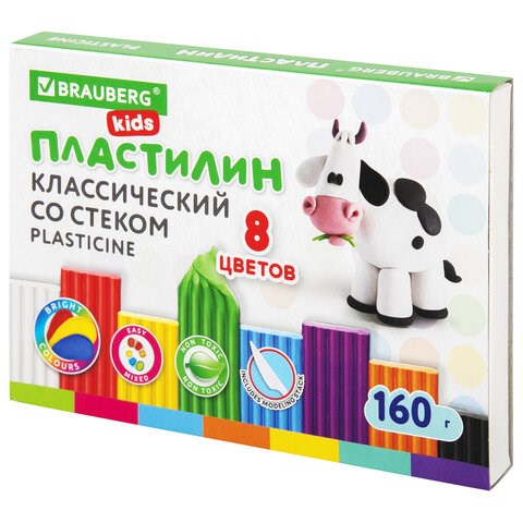Пластилин классический BRAUBERG KIDS, 8 цветов, 160 г, со стеком, 106501 106501 - фото 323027