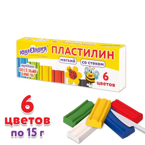 Пластилин мягкий ЮНЛАНДИЯ ВЕСЕЛЫЙ ШМЕЛЬ, 6 цветов, 90 г, СО СТЕКОМ, 106671 106671 - фото 323047