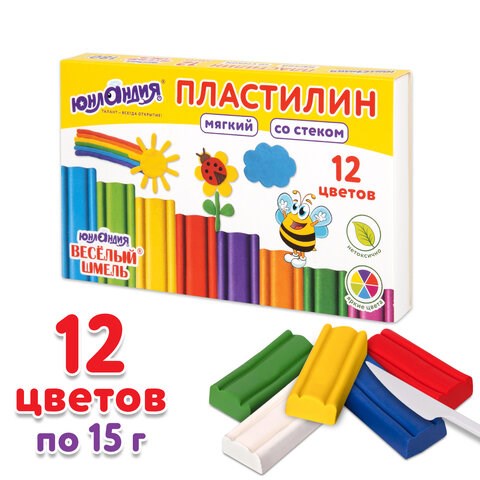 Пластилин мягкий ЮНЛАНДИЯ ВЕСЕЛЫЙ ШМЕЛЬ, 12 цветов, 180 г, СО СТЕКОМ, 106672 106672 - фото 323048