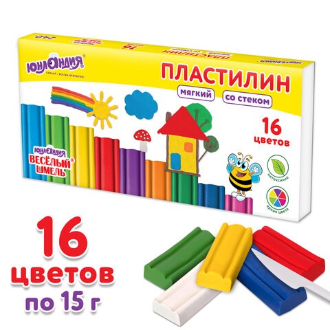 Пластилин мягкий ЮНЛАНДИЯ ВЕСЕЛЫЙ ШМЕЛЬ, 16 цветов, 240 г, СО СТЕКОМ, 106673 106673 - фото 323049