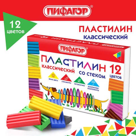 Пластилин классический ПИФАГОР Веселая такса, 12 цветов, 180 г, СО СТЕКОМ, 106675 106675