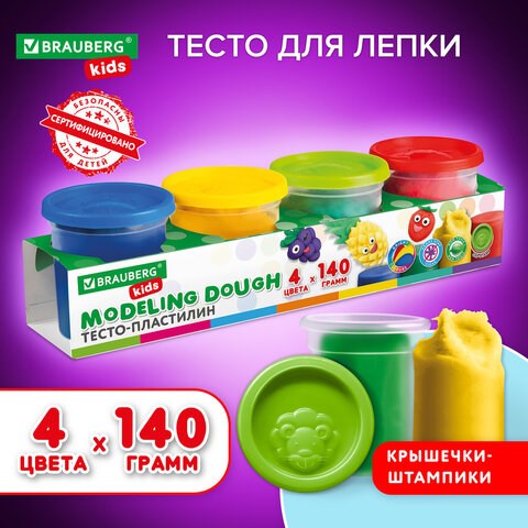Пластилин-тесто для лепки BRAUBERG KIDS, 4 цвета, 560 г, яркие классические цвета, крышки-штампики, 106715 106715 - фото 323069