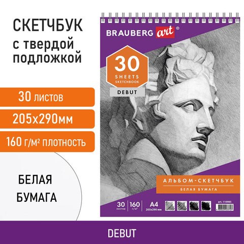 Скетчбук, белая бумага 160 г/м2, 205х290 мм, 30 л., гребень, жёсткая подложка, BRAUBERG ART DEBUT, 110985 110985 - фото 323180