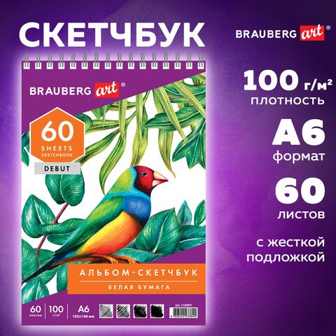 Скетчбук, белая бумага 100 г/м2, 105х148 мм, 60 л., гребень, жёсткая подложка, BRAUBERG ART DEBUT, 110997 110997 - фото 323182