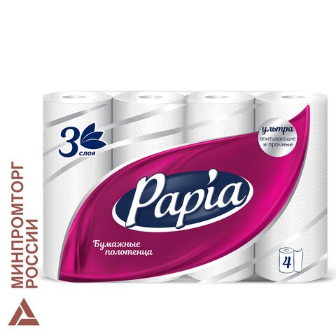 Полотенца бумажные бытовые, спайка 4 шт., 3-слойные (4х11,2 м), PAPIA, 23x13 см, белые 112049 - фото 323371