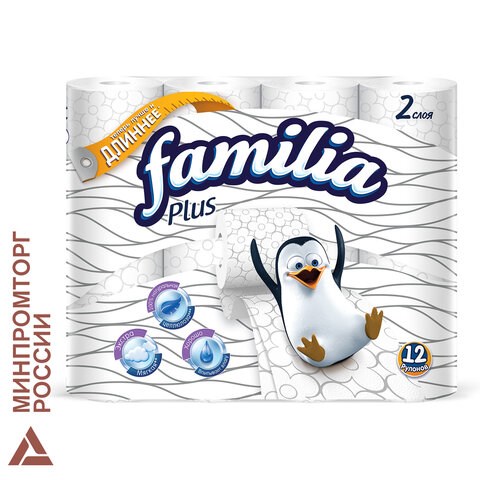 Бумага туалетная бытовая, спайка 12 шт., 2-слойная (12х20,4 м), FAMILIA PLUS, белая 112053 - фото 323374
