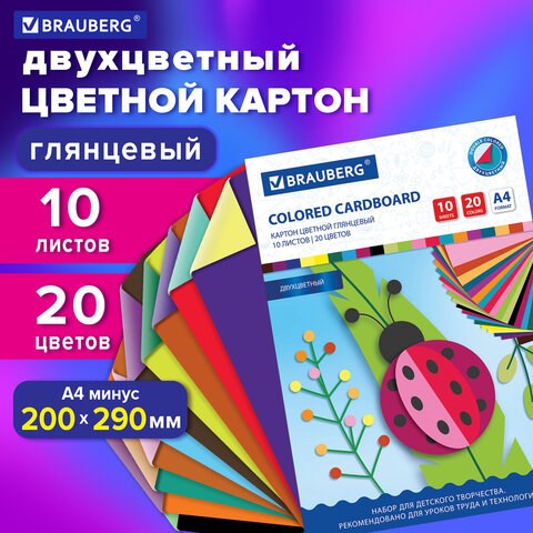 Картон цветной А4 2-цветный МЕЛОВАННЫЙ EXTRA, 10 листов, 20 цветов, в папке, BRAUBERG, 200х290 мм, 1 113553 - фото 323648