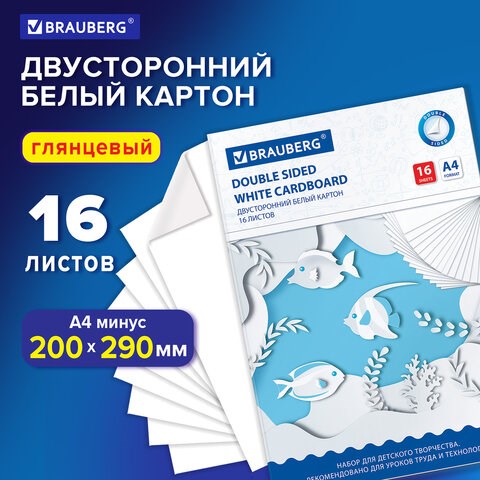 Картон белый А4 МЕЛОВАННЫЙ (белый оборот), 16 листов, в папке, BRAUBERG, 200х290 мм, 113561 113561 - фото 323654