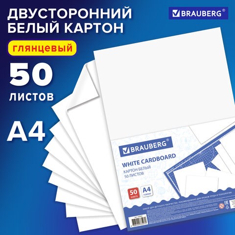 Картон белый А4 МЕЛОВАННЫЙ (белый оборот), 50 листов, BRAUBERG, 210х297 мм, 113563 113563 - фото 323656